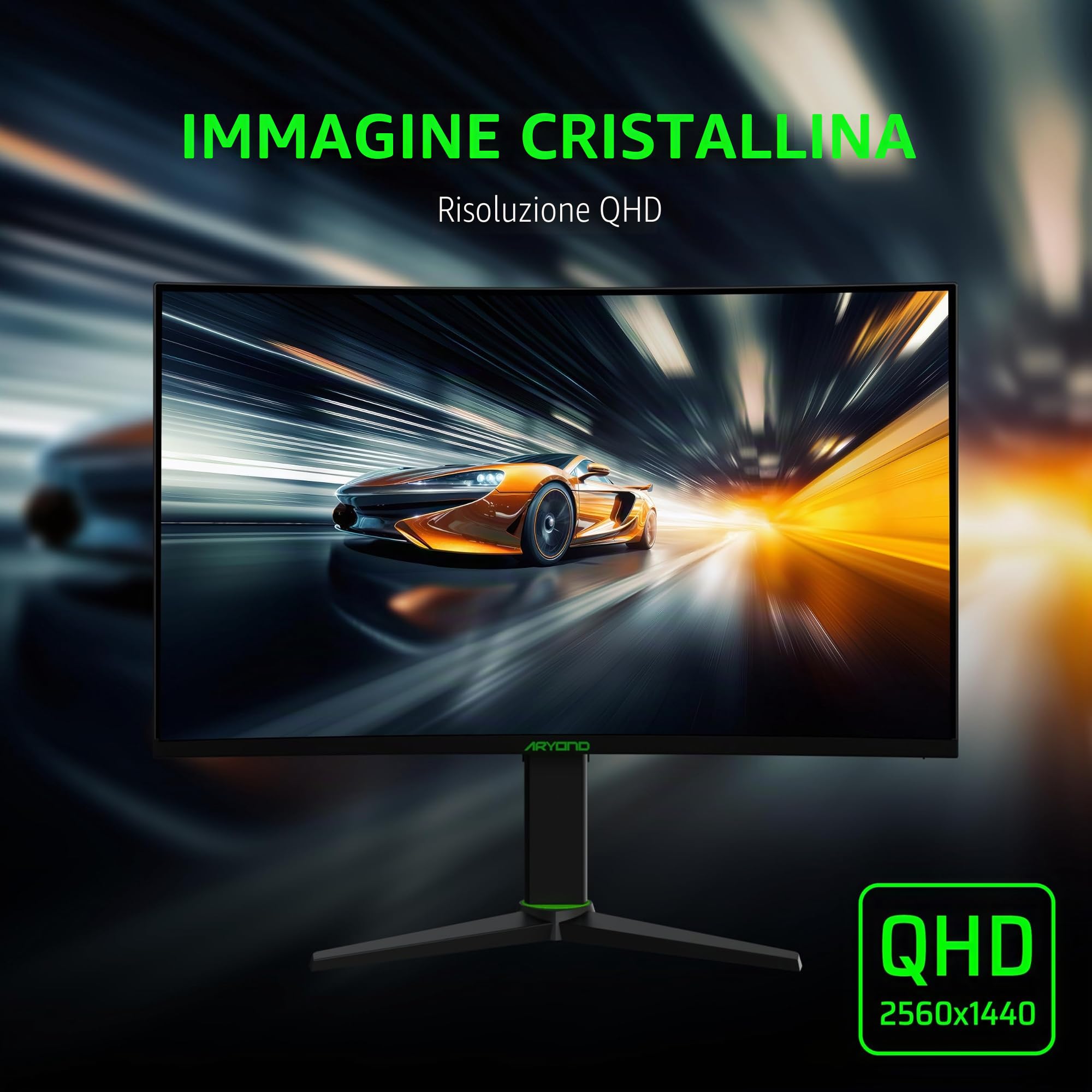 Aryond Monitor curvo da gioco A27 V2 | Display QHD curvo da 27 pollici a 180 Hz (2560x1440) | Tempo di risposta 1ms | HDR 10| FreeSync - G Sync 119,9% ​​| SRGB | Altoparlanti 2* Ω8 x 2W | Connessione