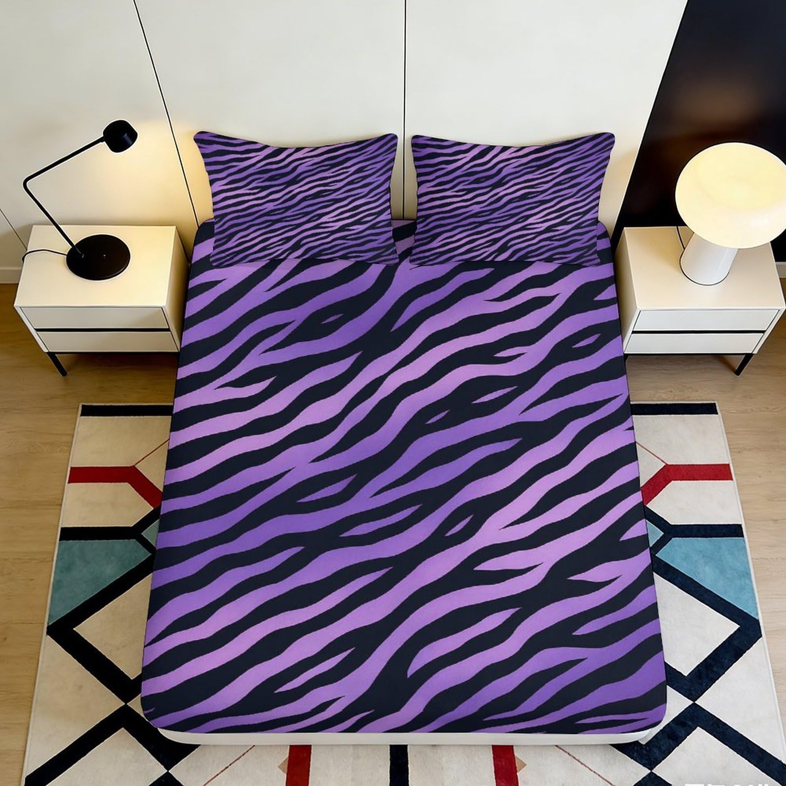 3D Printed Purple Zebra Stripe Fitted Sheet Microfiber Soft Bedroom Decor Black Tiger Pattern Mattress Cover 90x200x25cm