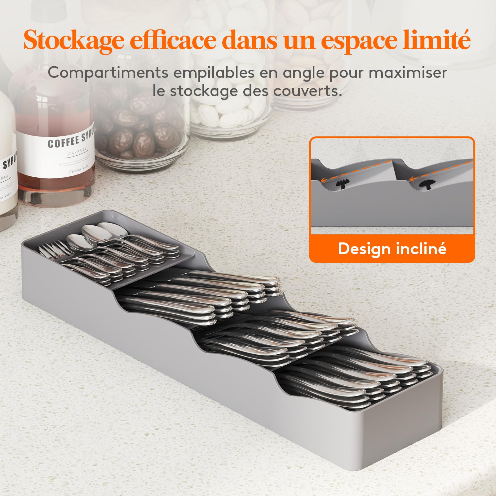 Lifewit Boîte Range-Couverts Tiroir Avec Couvercle – Organisateur 5 Compartiments Plastique PP Alimentaire – Noir – Protège Cuillères, Fourchettes, Couteaux