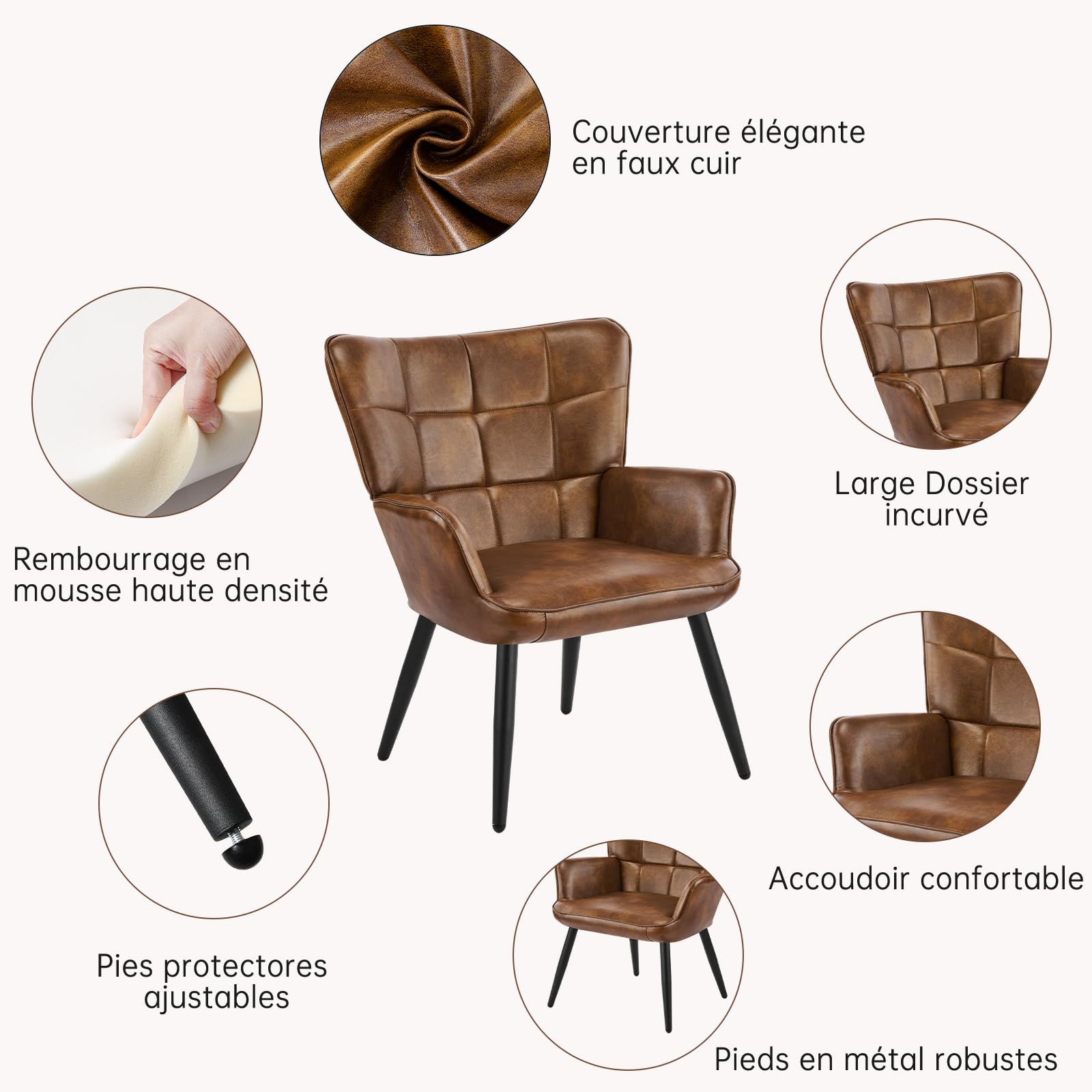 Fauteuil Salon Scandinave, Chaise Coiffeuse en Cuir PU, Chaises Salle à Manger Chaise Rembourrée avec Accoudoirs & Dossier Ergonomique pour Chambre Salle à Manger Bureau Allaitement, Brun
