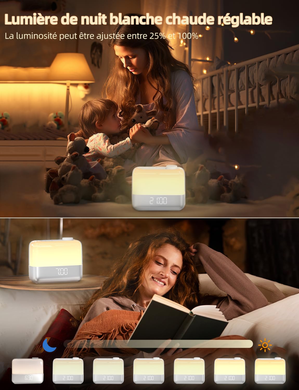 Réveil numérique pour chambre à coucher : lumière de réveil lever du soleil, veilleuse 8 couleurs, double alarme forte pour les dormeurs lourds, répétition de 9 minutes, 6 sons, 7 volumes,
