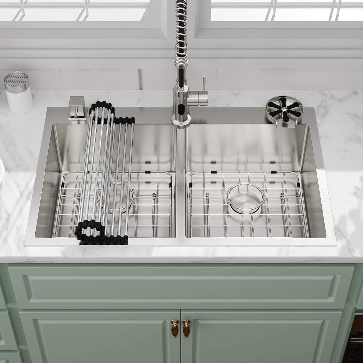 33"x22" Drop-in 50/50 Double Bowl Kitchen Sink, 16 Gauge Stainless Steel Topmount Sink with Glass Rinser & Accessories, Round Corners