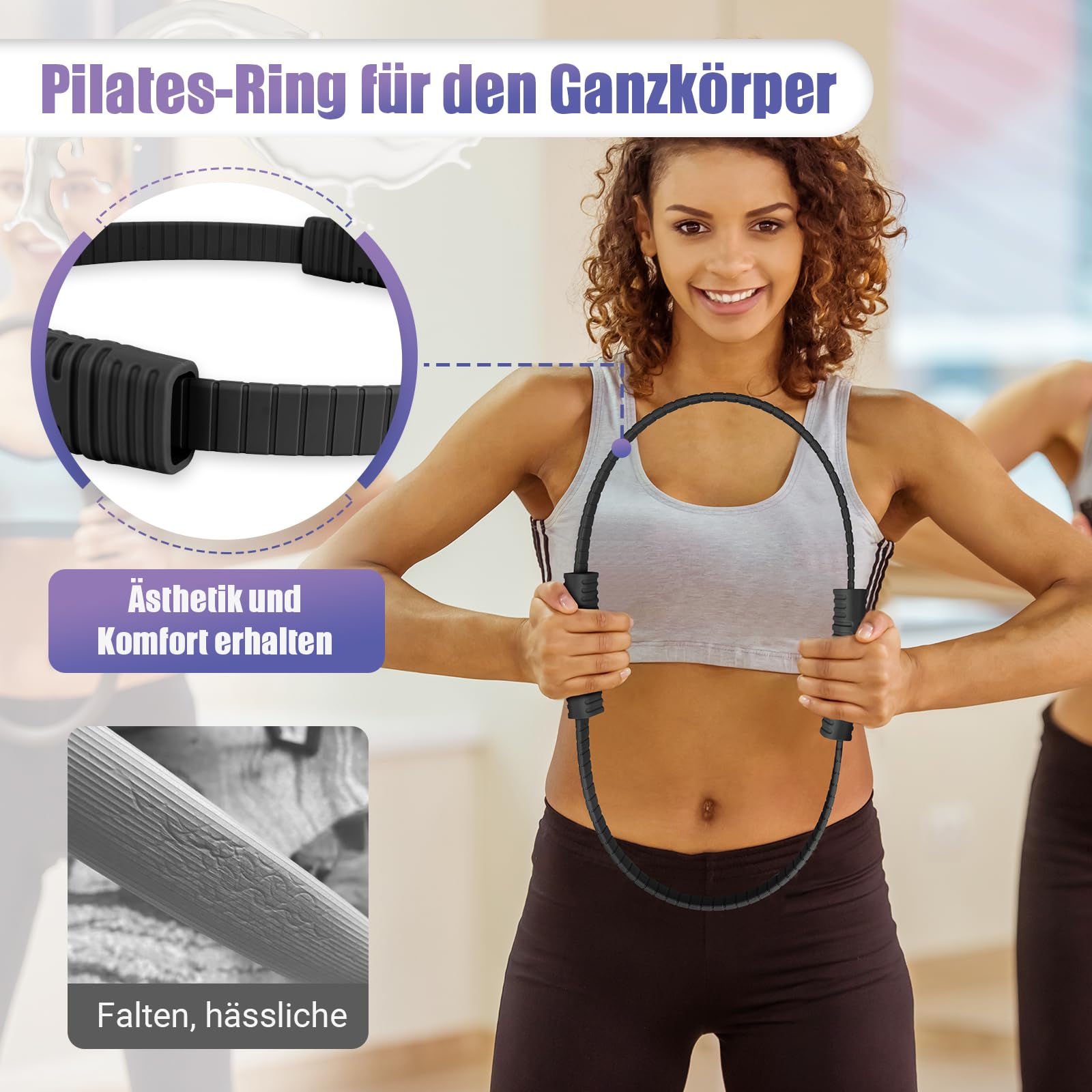 Pilates Ring, 34.5cm Silicone Pilates Magic Circle mit Doppelten Rutschfesten Griffen, Training Poster & Tragbarer Tasche, Pilates Ring Übungen für Beine Arme & Oberschenkel Gewichtsverlust für Frauen