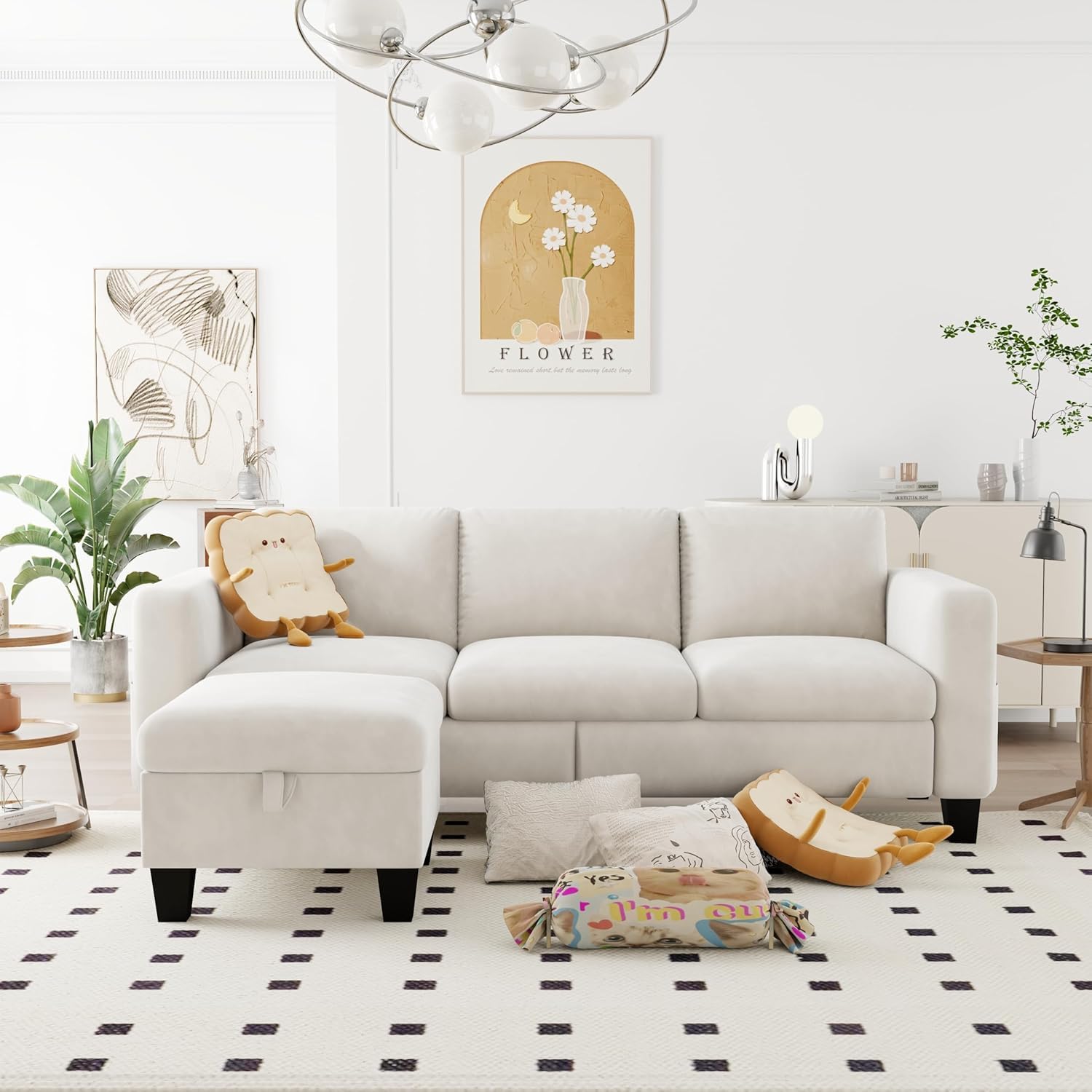 LAZYCAT Convertible Sectional Sofa Couch | 3 Seat L-Shaped Sofa with Movable Ottoman | Modern Small Space Sectional for Apartment, Living Room & Office | Velvet Linen Upholstery (Beige)-image-35