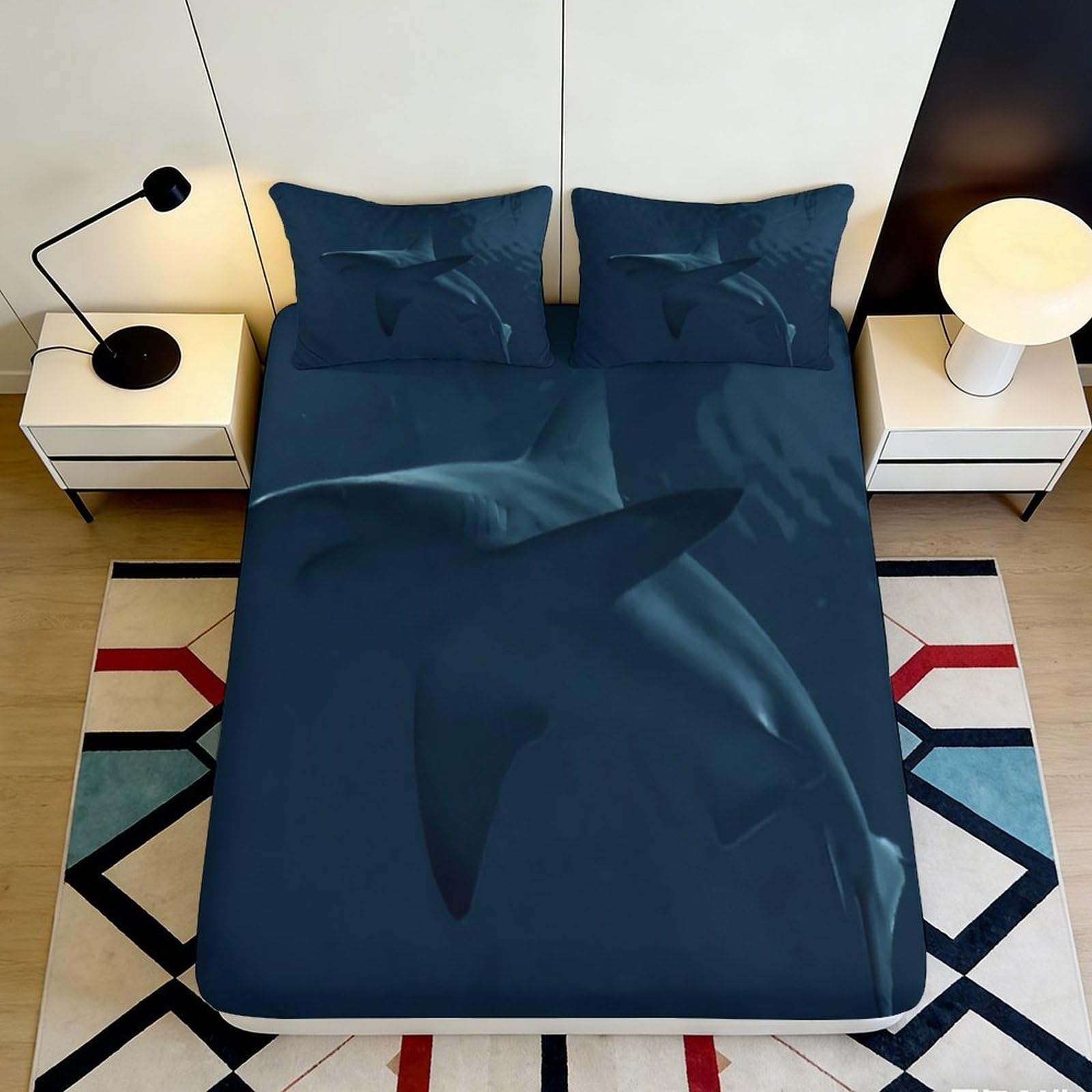 Uynsixtme Style-1 3D Printed Shark Fitted Sheet Microfiber Deep Pocket Non-Slip Bedroom Bedding Shark Mattress Fitted Cover Washable 200X200x25cm