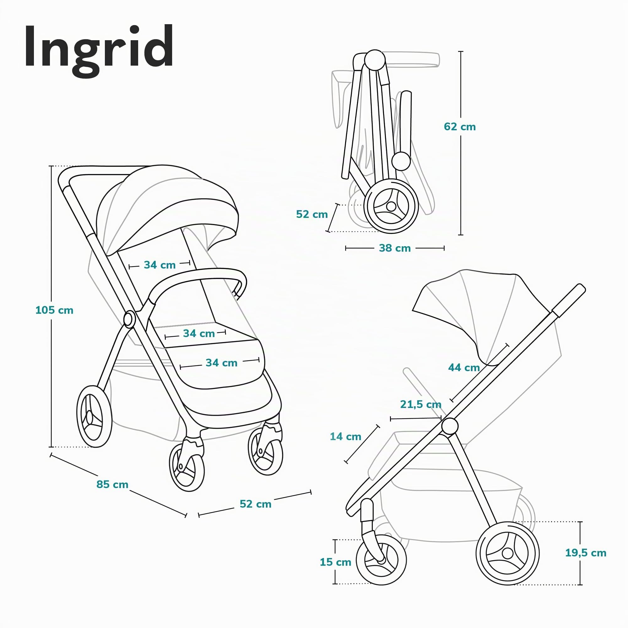LIONELO INGRID Passeggino leggero per bambini 6 mesi 4 anni 22kg Grandi ruote 360° Schiuma EVA Assorbimento Pieghevole Schienale poggiapiedi regolabili