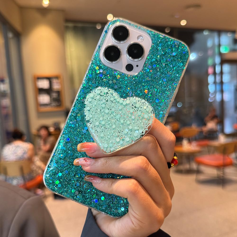 TONZISAN Case for iPhone 13 Pro Max Case Glitter Bling for Women Girls Sparkle Cover, with Love Kickstand Holder Protective Gel Case 6.7 inch (Green)