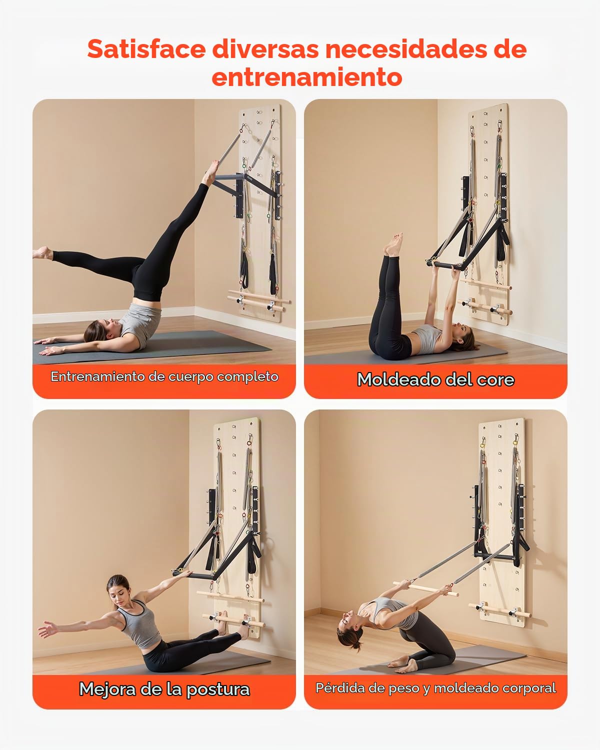 VEVOR Máquina de Pilates Reformer de Pared, Trampolín de Pilates de Madera de Arce, con Resortes de Resistencia, para Flexibilidad y Equilibrio en Gimnasio en Casa, 1830 x 560 x (800) x 620 mm