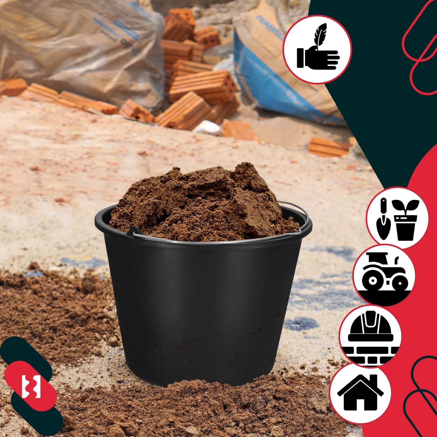 KOTARBAU® 20 Cubos de Plástico Negro, 16 Litros, para Trabajos en Jardín, Construcción, Mortero, Cemento, Agua, Limpieza - Multiuso, Resistente, Con Asa