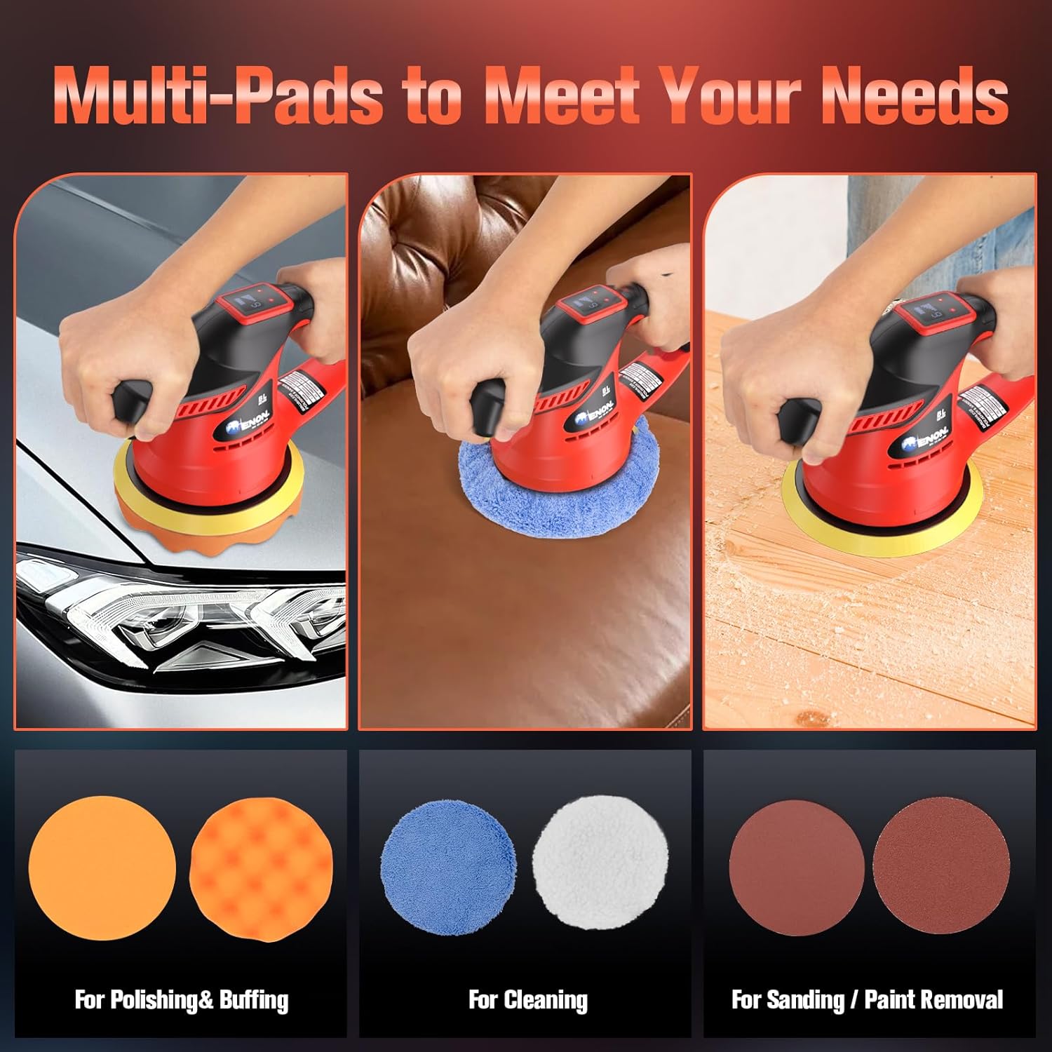 ENON Cordless Car Buffer Polisher Kit（2X 2000mAh 12V Batteries&34 PCS Attachments）- Brushless Dual Action Random Orbital Polishing with 6-Speed 6000RPM for Auto Detailing, Waxing & Paint Correction