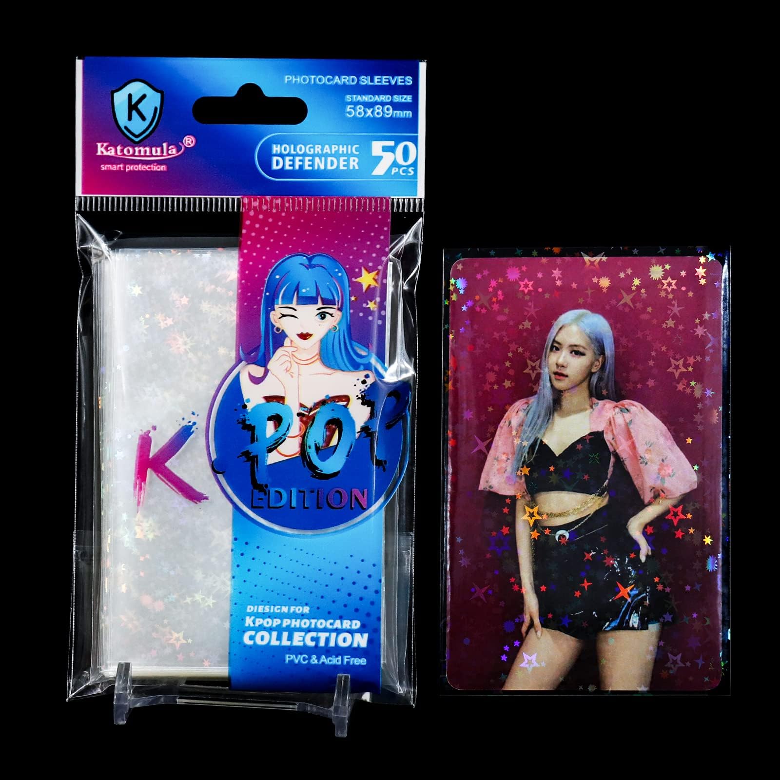 50pcs Premium Photocard Sleeves Kpop Holographic Card Sleeves, Little Stars Laser Flashing Card Sleeves Perfect Fit Sleeves for Idol Photo Card