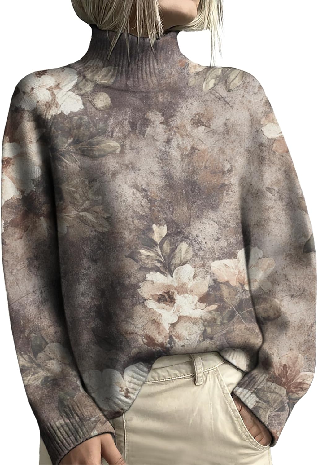 Floral Print Turtleneck Sweater Women Vintage Ethnic Graphic Sweaters Casual Long Sleeve Fall Fashion Knitted Sweater