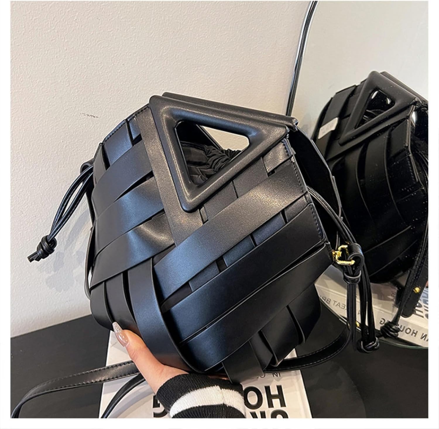 Woven Bucket Crossbody Bags for Women, Top-handle Retro Leather Adjustable Hobo Purse with Zipper Closure Shoulder Bag - Image 3