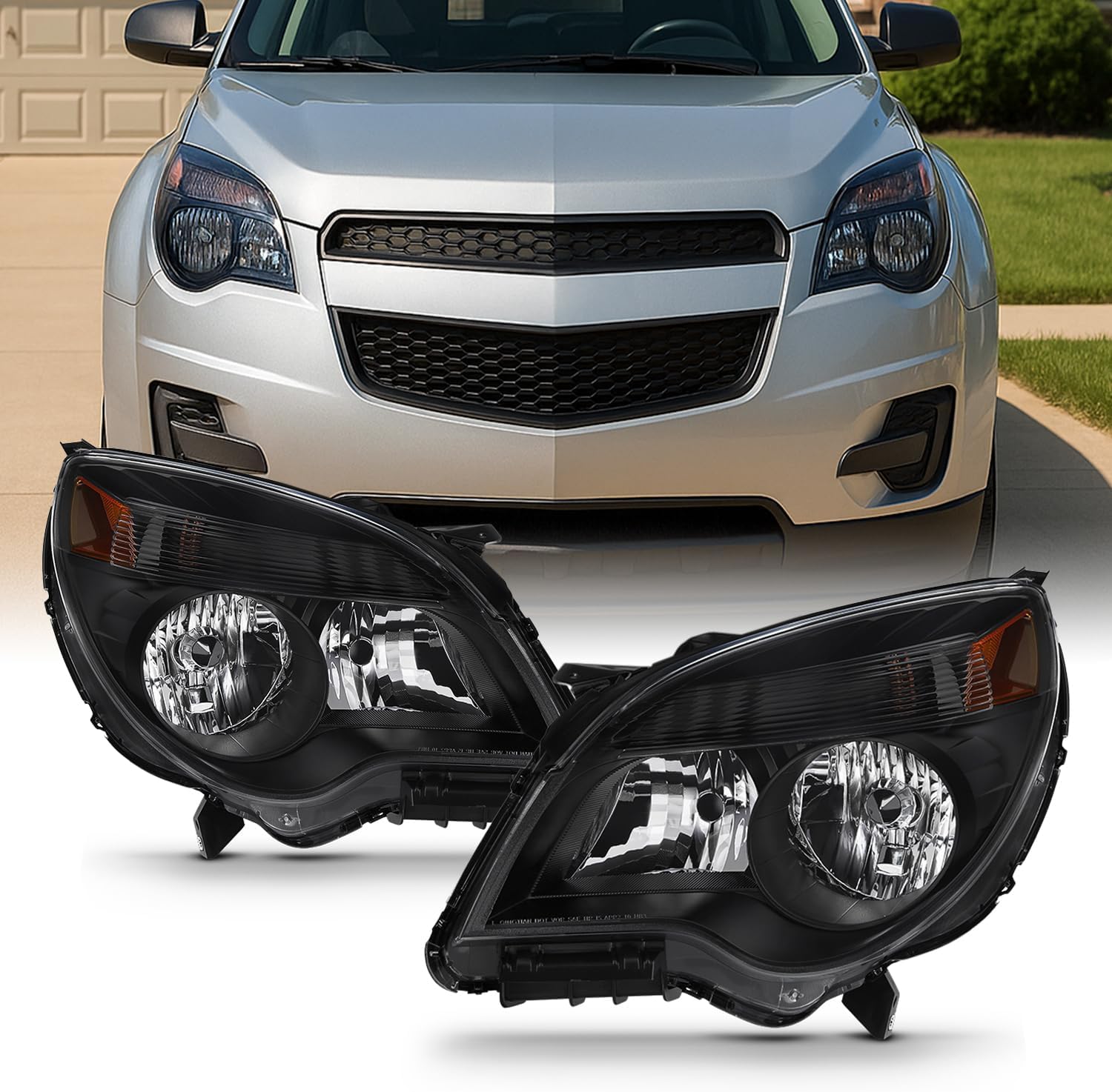 AKKON - For 2010-2015 Chevy Equinox Halogen Type Black Bezel Headlight Lamp Replacment L+R