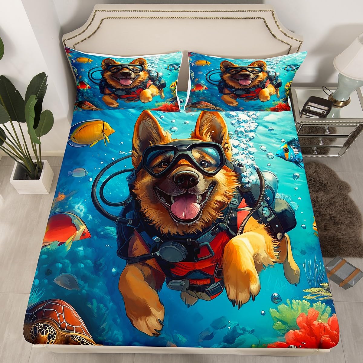 Drap-housse enfants chiot berger allemand lit double bleu d&eacute;coration mer tortue