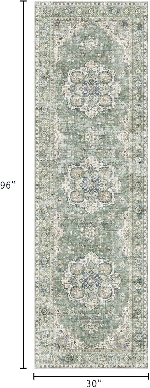 Kitchen Runner Rugs Non Skid Washable - 2.5x8ft Long Sage Green Farmhouse Boho Hallway Runner Rug Low Pile Soft Vintage Farmhouse Oriental Carpet for Hallway Laundry Room Entryway Bedroom
