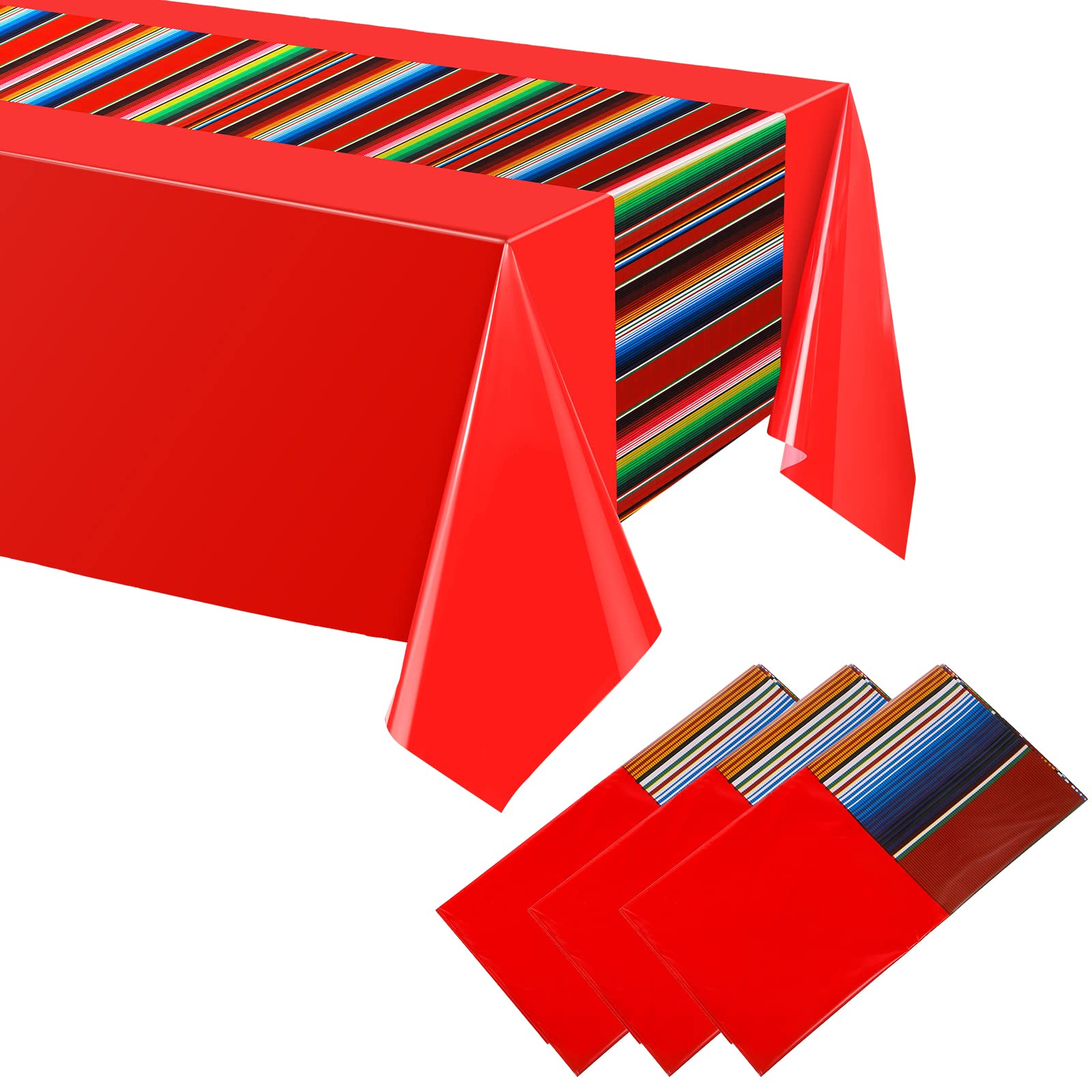 Oudain 3 Pcs Fiesta Plastic Tablecloth 108 x 54 Inch Mexican Disposable Waterproof Tablecloth Mexican Striped Table Cover for Taco Night Festive