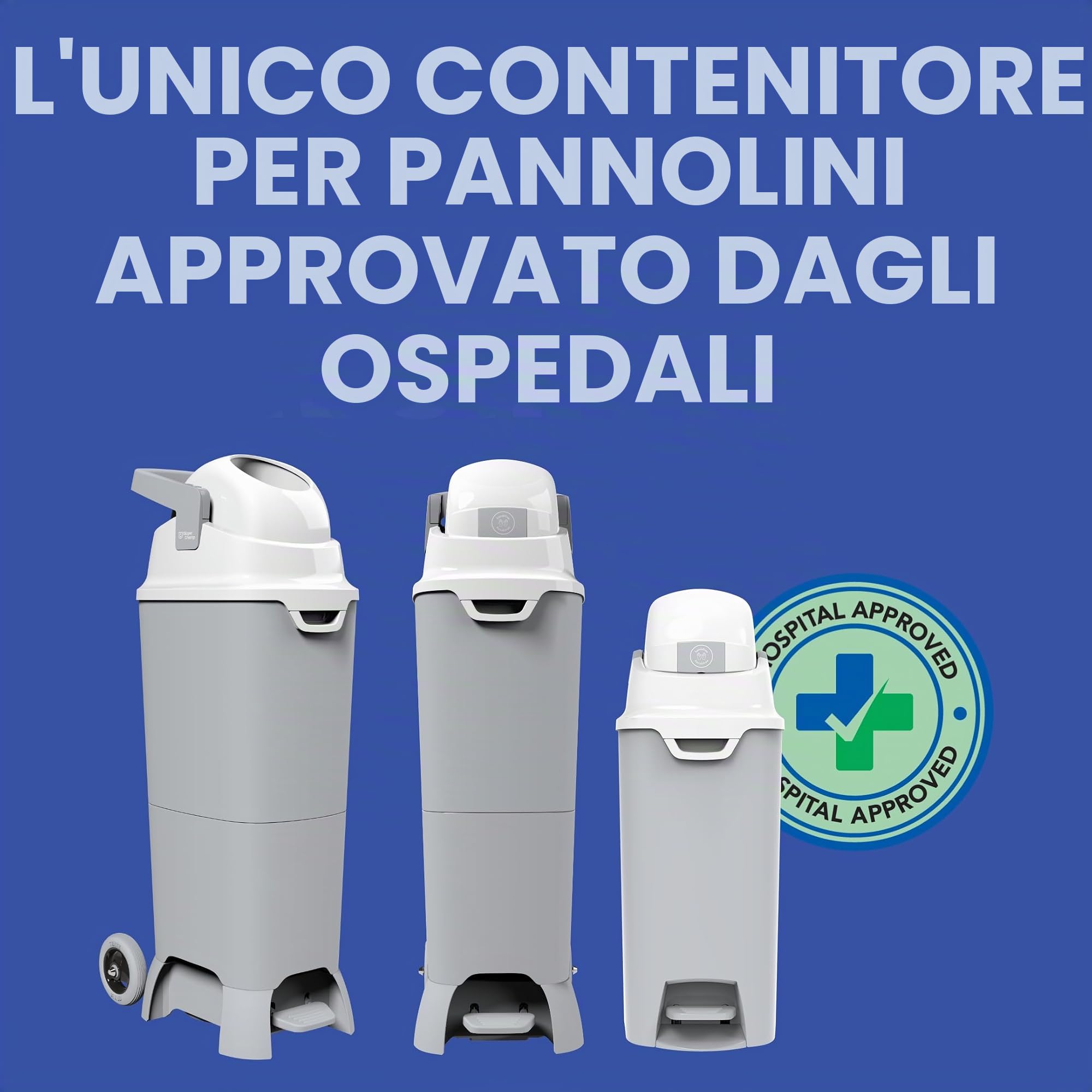 DIAPER CHAMP Handsfree Medium - incl - 10 sacchetti ECO gratuiti - Pattumiera per pannolini anti-odore - mani libere - capacità ideale - asili nido, micro presepi MAM - senza cassette di ricarica