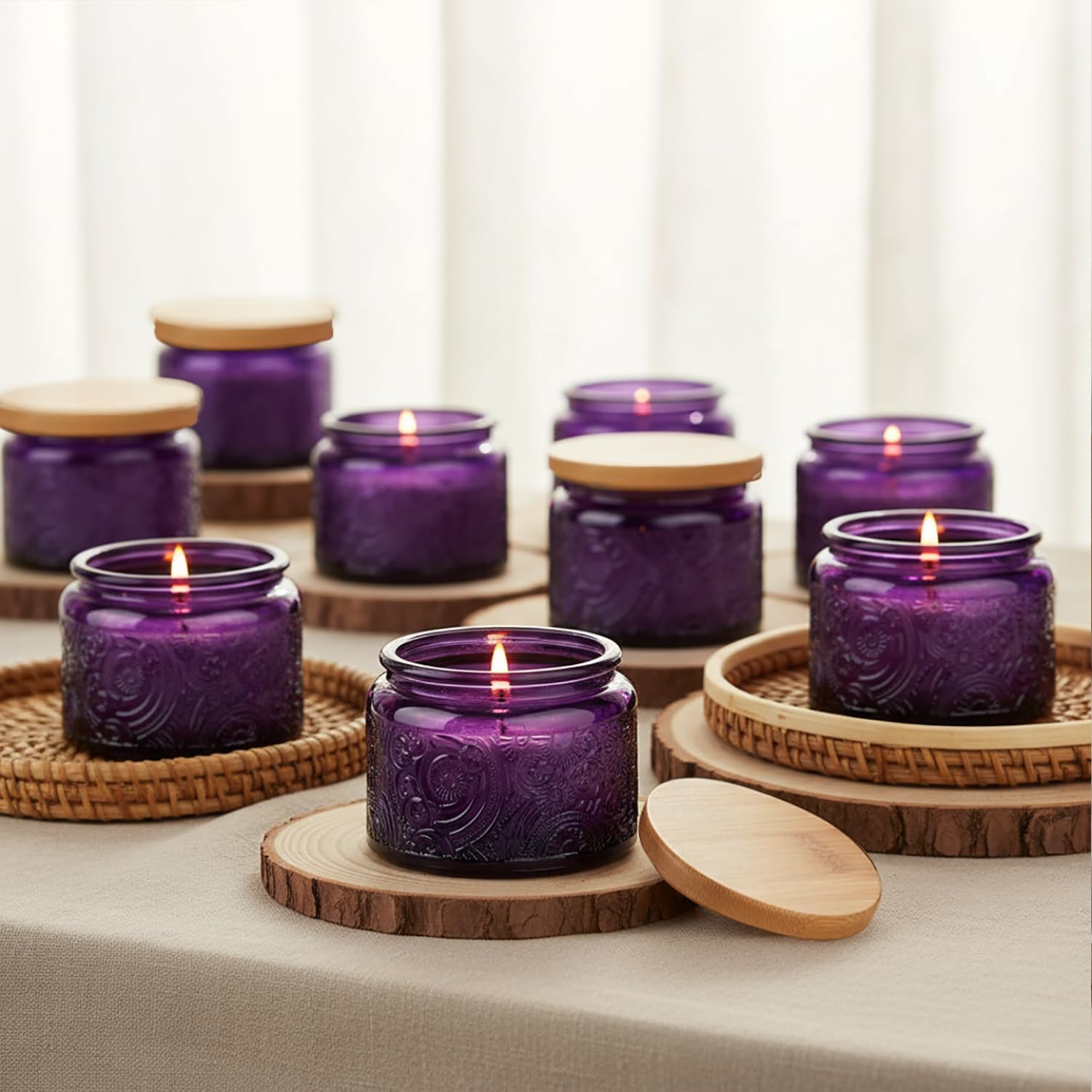 18-Pack 4oz Embossed Glass Candle Container with Bamboo Lids and Labels, Clear Candle Jars for Making Candles, Sun Moon Star Design (Purple)