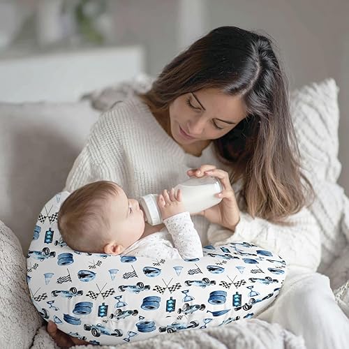 Miniatura 4 de Bonita funda de almohada de lactancia con bandera de coche de carreras, elástica, extraíble, para bebés, niñas, niños, carreras azules, vehículos,