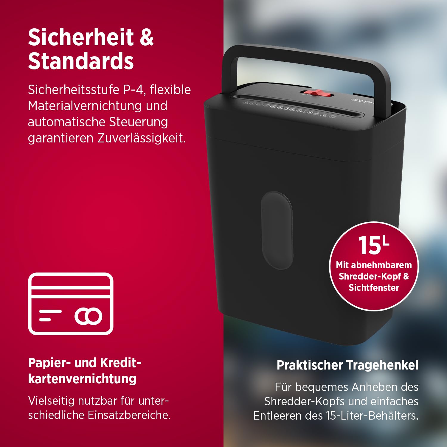 OLYMPIA PS 53 CC Pro Aktenvernichter schwarz | Papierschredder für Home Office & Büro | Schredder Aktenvernichter P-4 | Partikelschnitt 4×38 mm | 6-Blatt Shredder Papier | 15 L Papier Schredder Gerät