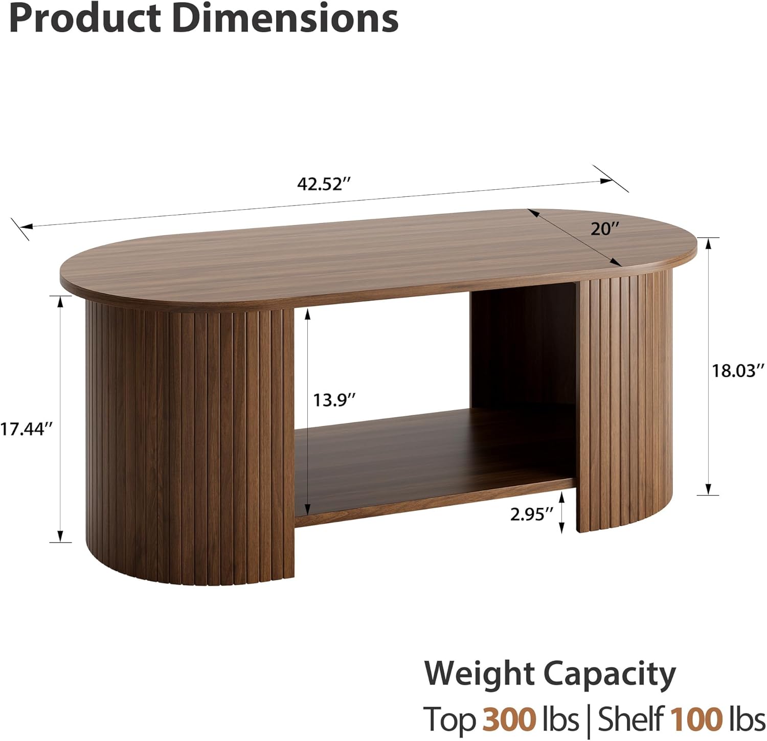 Oval Fluted Coffee Table, 2-Tier Center Table with Large Storage, Mid-Century Modern Wood Coffees Table for Living Room, Home Office, Small Space, Walnut