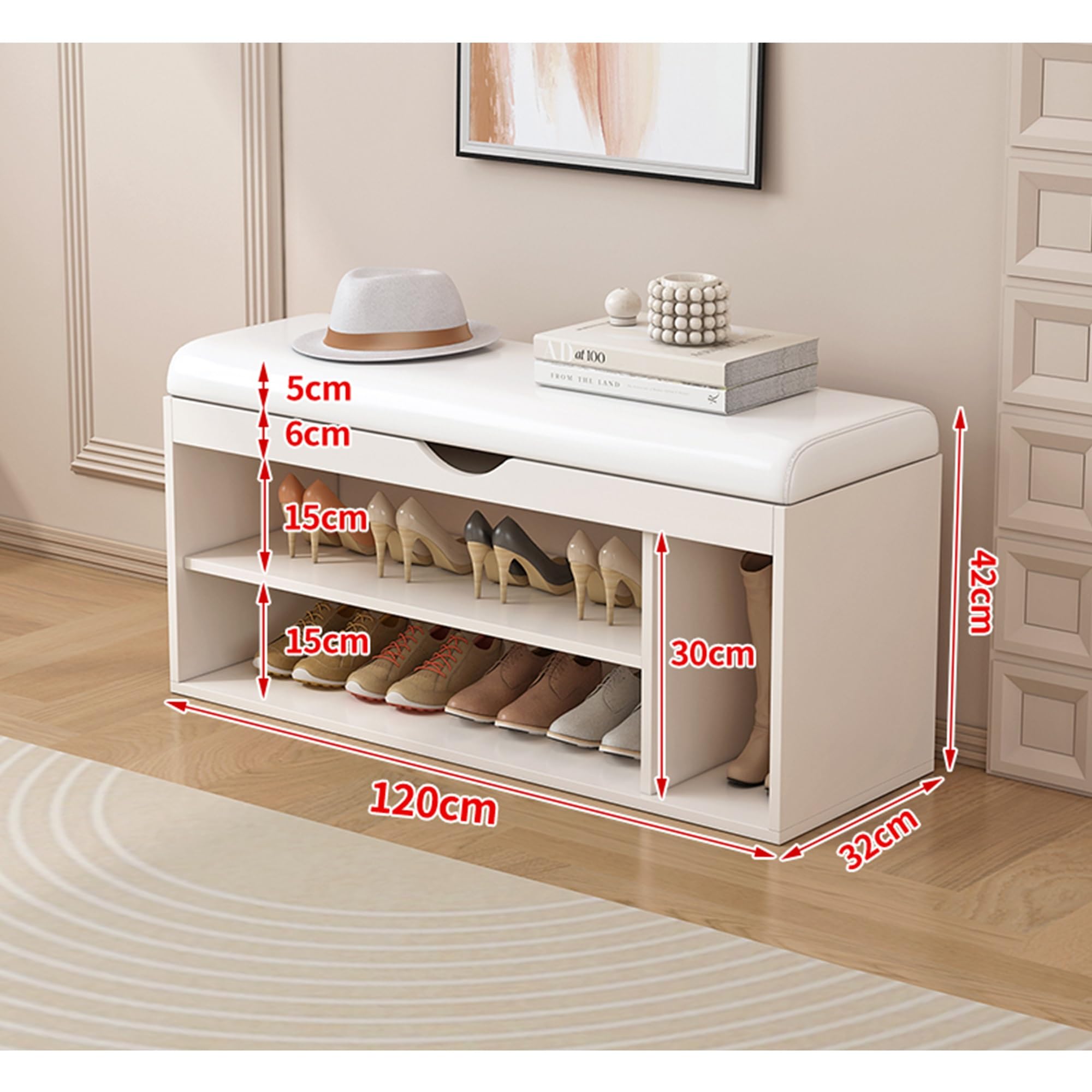 HOMCOM Shoe Storage Bench, Shoe Rack Bench With Seating Cushion, Drawer, 3 Open Compartments And Table Top For Entryway, Hallway, White - View #3