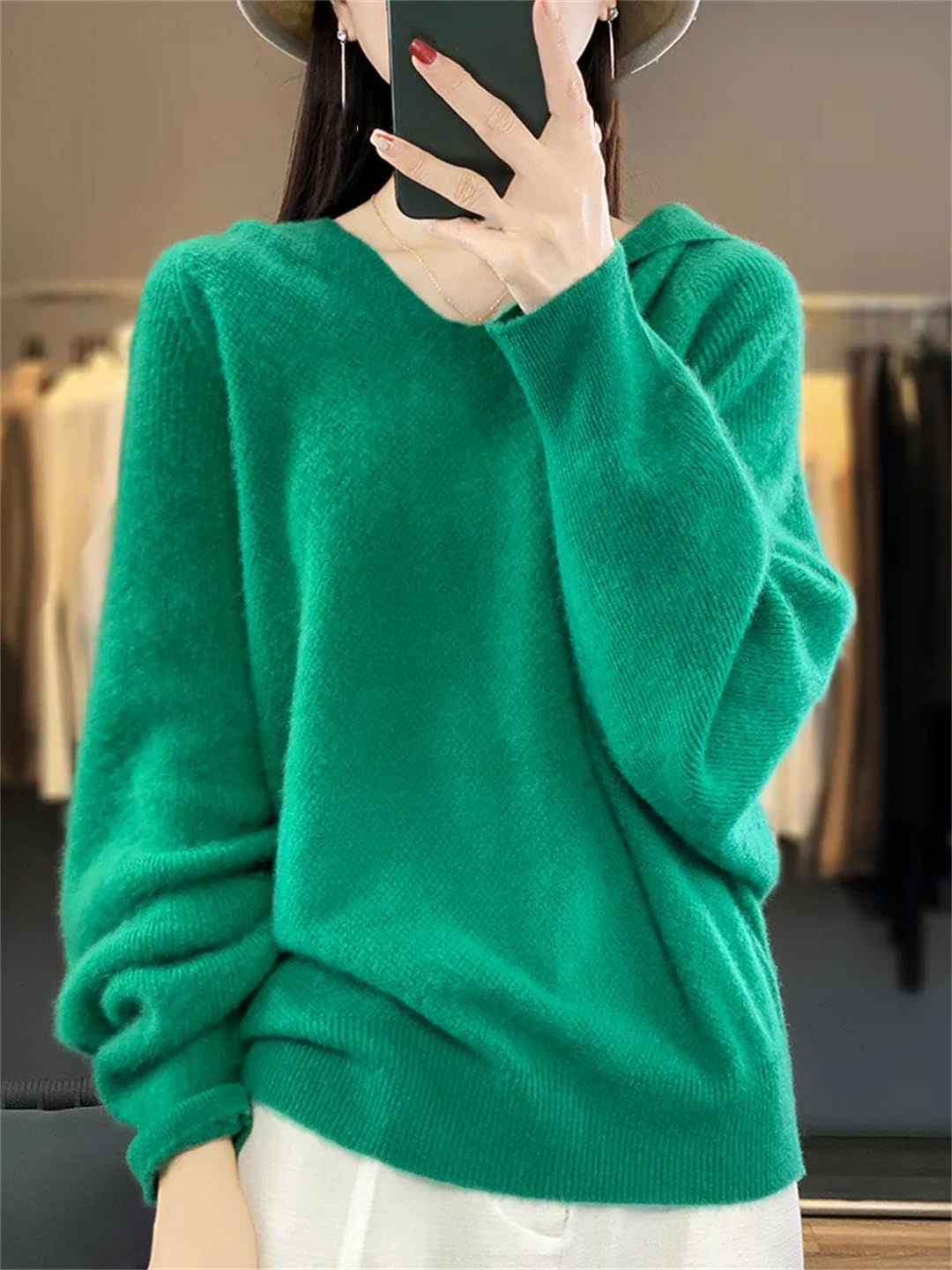 Moda Damska Luźny Sweter Z Długim Rękawem Wełna Merino Mock-Neck Pulower Bluzy Topy