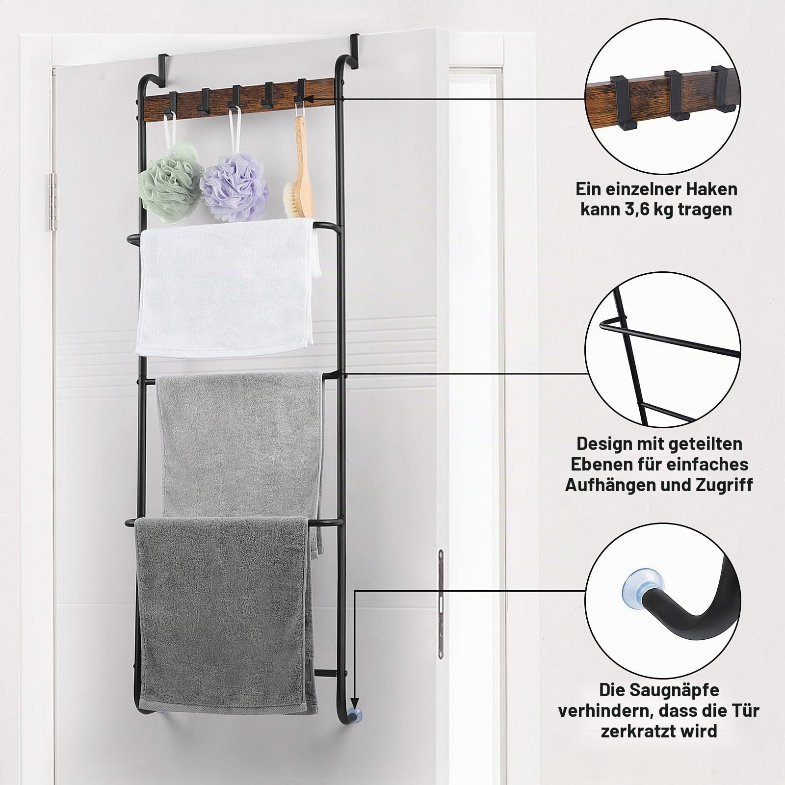 Handtuchhalter für die Tür, mit Haken, 5 Etagen, Handtuchhalter, Organizer für Badezimmer, Schlafzimmer, Badezimmer-Zubehör, Metall (schwarz)