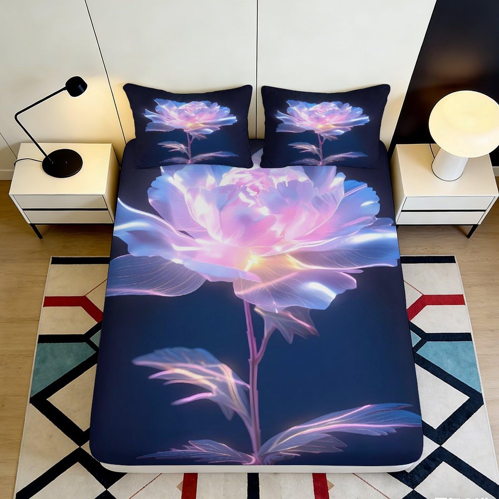 3D Printed Luminous Peony Fitted Sheet Microfiber Soft Floral Mattress Cover for Bedroom Guest Room Decor 90x200x25cm