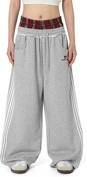 Aelfric Eden Baggy Wide Leg Sweatpants for Women Plaid Patchwork Sweat Pants Loose Long Pants with Pockets Grey Medium