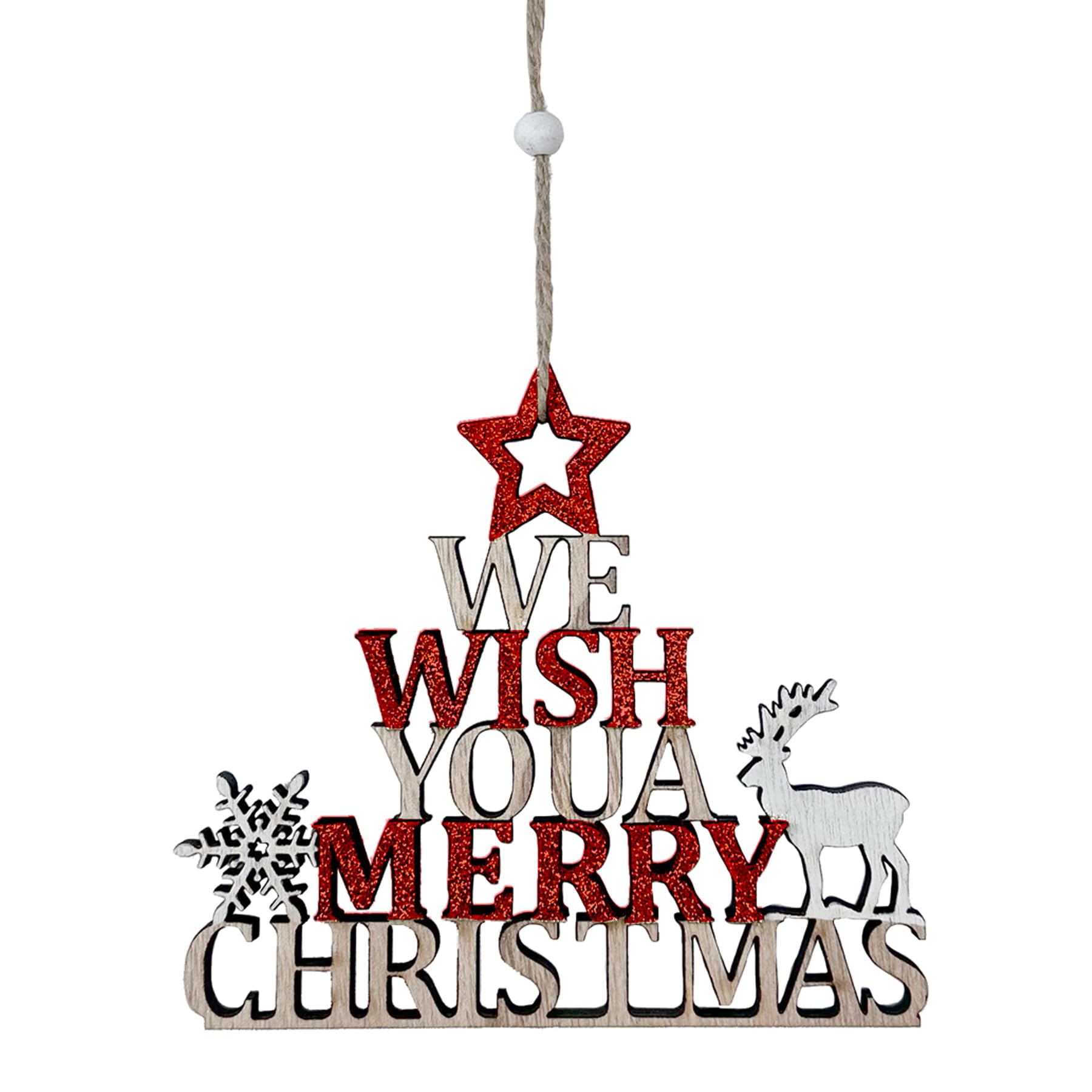 Widdle Gifts Red Glitter 8007 Christmas Wooden Merry Christmas Hanging Sign With Reindeer And Snowflake Design (Red Glitter 8007)