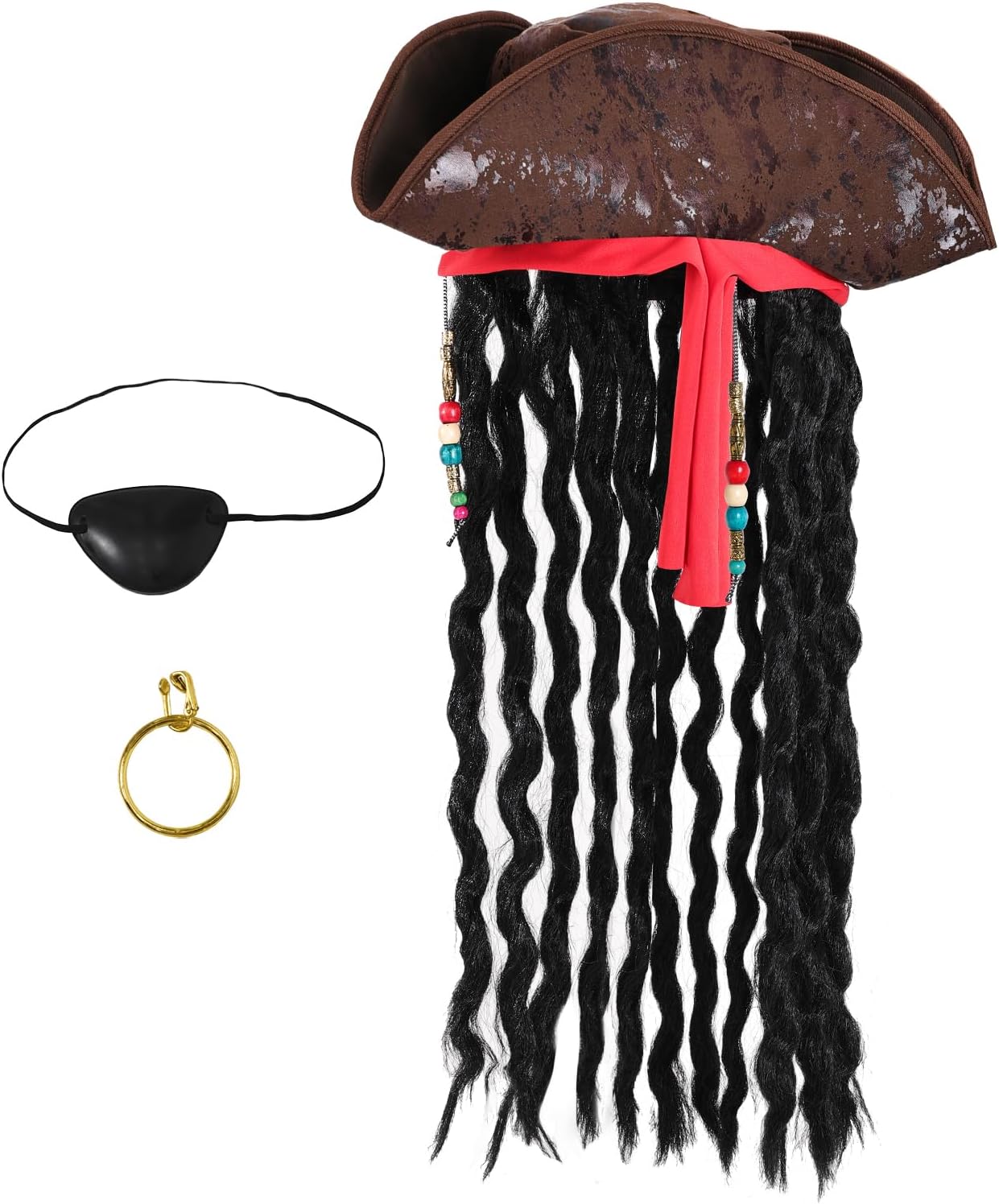 Yolyoo Pirate Hat with Dreadlocks Faux Leather Tricorn Pirate Hat Pirate Captain Hat Costume Accessories Eye Patch Earring for Halloween Cosplay Party