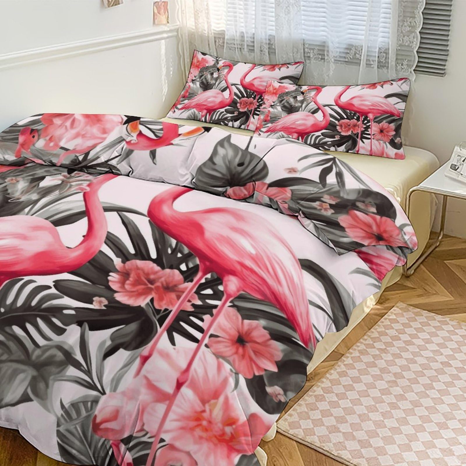 Parure de lit 3 pièces couette pour grand lit imprimé floral flamant rose maison