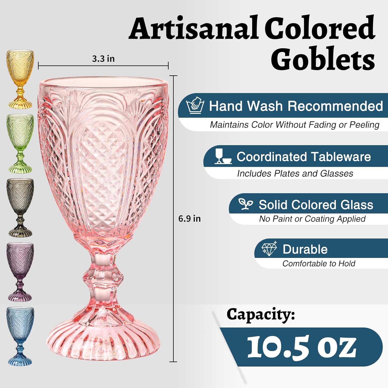 Chaos Coordinator Colored Wine Glasses set of 6 glass goblets, Vintage Water Goblets Glasses, Drinking Stemware Beverage Cups for Party, Bar, Champagne, Juice, Beer, Cocktail, Embossed Design - Image 4