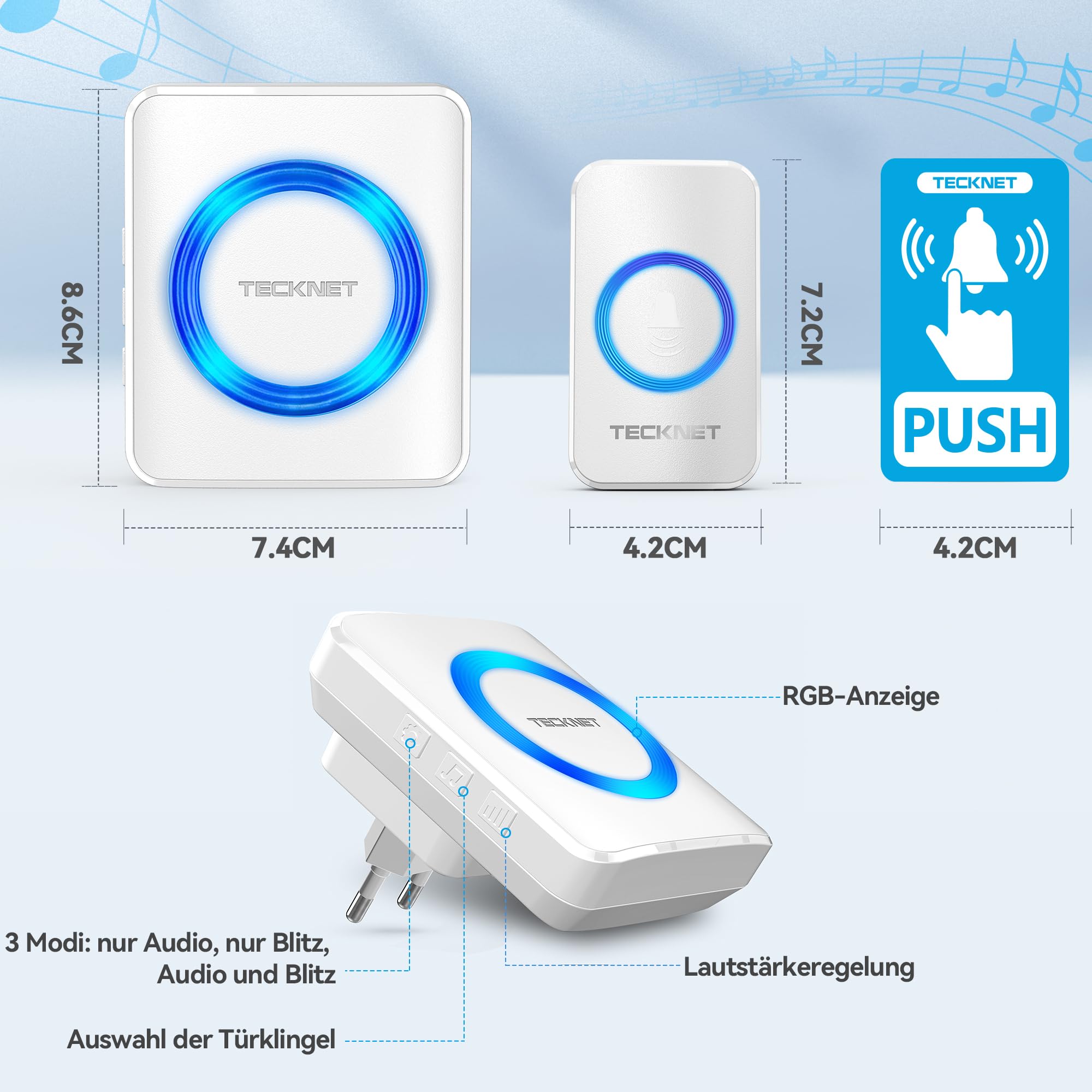 TECKNET Campanello radio IP65 per esterni, impermeabile, senza fili, portata di 600 m, campanello, 2 trasmettitori, 4 ricevitori, 60 melodie e pulsante del campanello con flash a LED