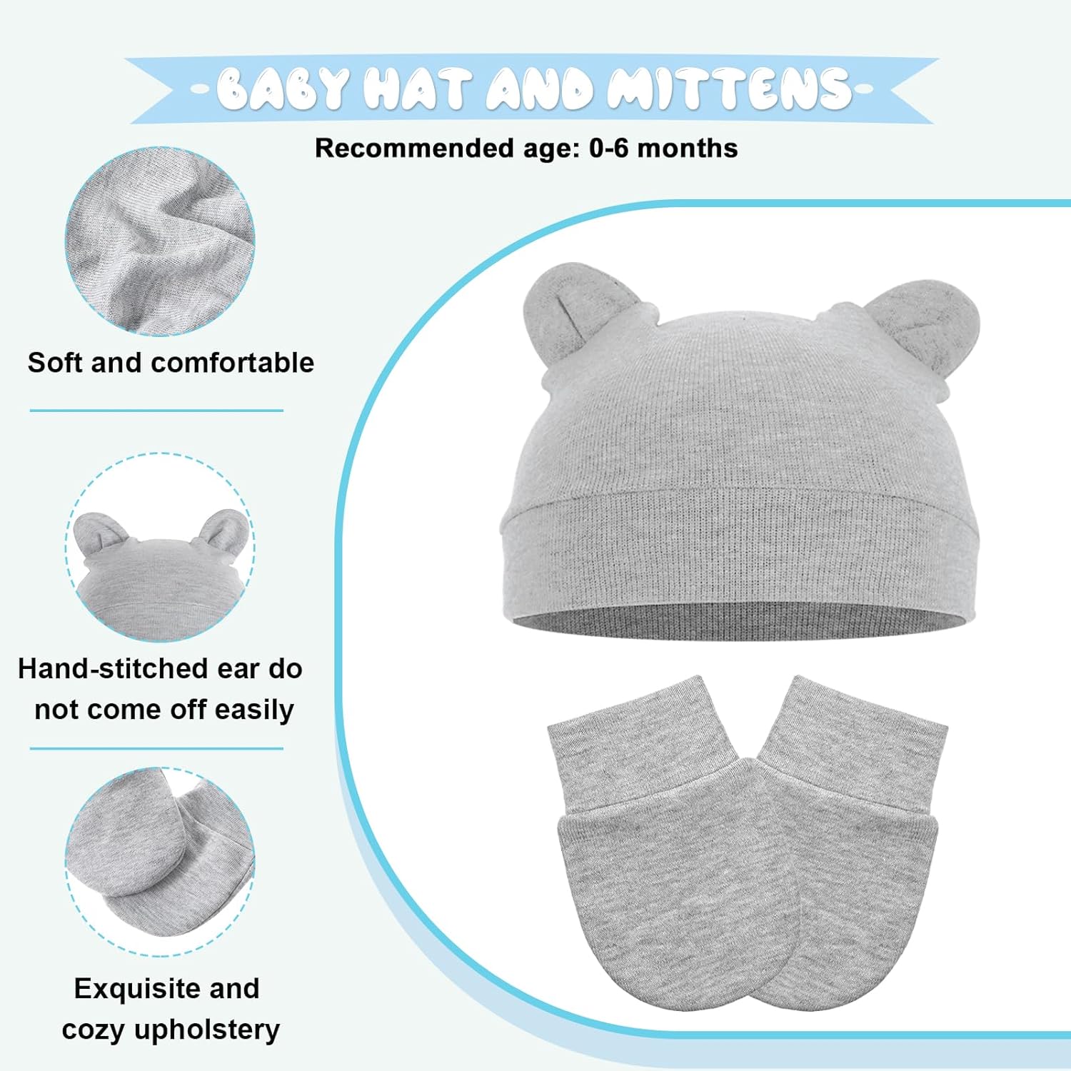 12 Pieces Baby Hats and Mittens Newborn Bear Ears Hats and Mittens Sets Cotton Baby Beanie Soft Cap Mitten Sets for 0-6 Months Boys Girls Infant Hospital Beanie Colorful - Image 3
