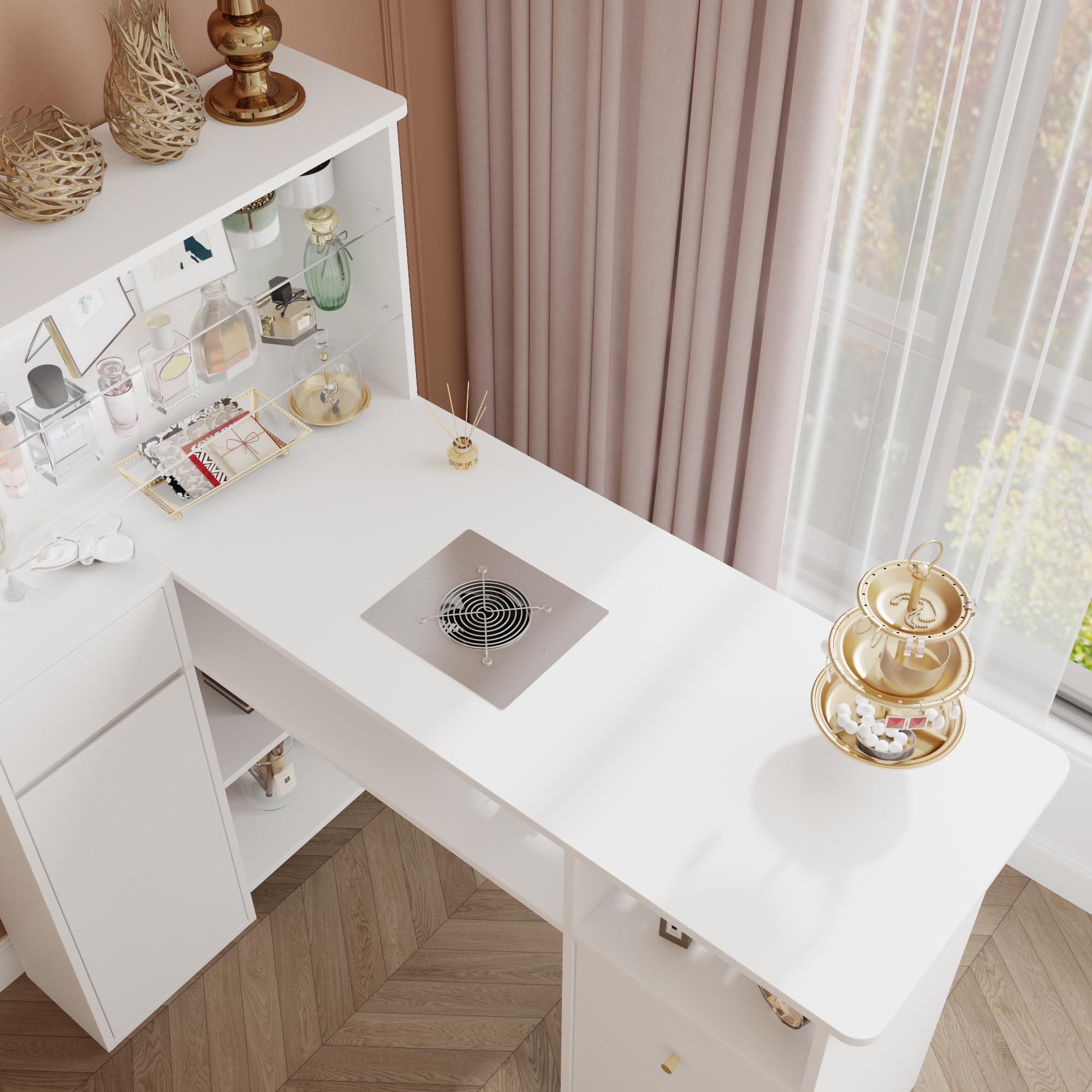 Mesa de manicura con aspiradora mesa de uñas 6 estantes de cristal, mesa de cuidado de uñas con LED y 4 cajones mesa manicura profesional 120x42.9x126.5cm para salón de manicura y belleza, color