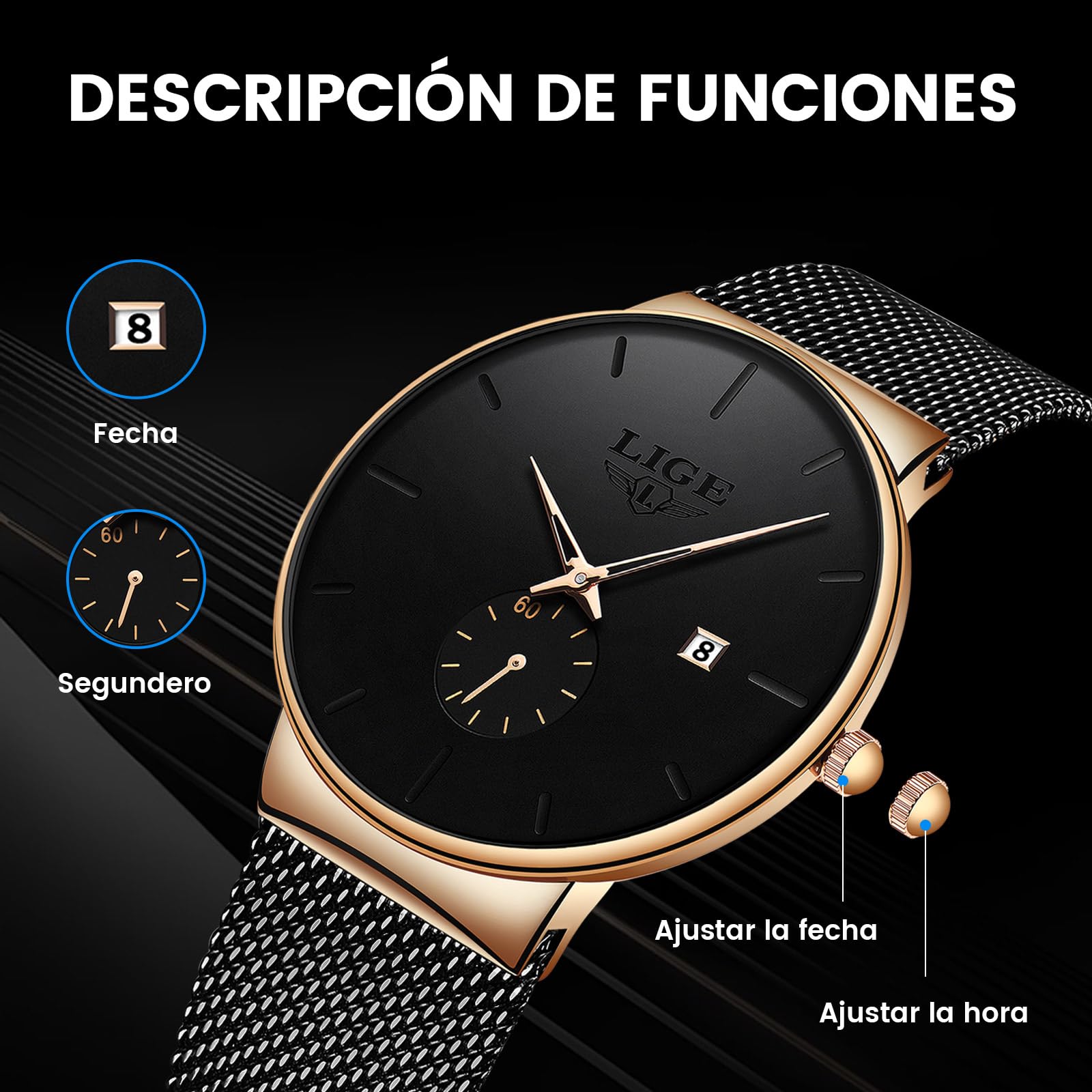 LIGE Reloj Hombre Relojes Analógico Elegante para Caballero Clasico Men Watch Vintage Resistente Al Agua Movimiento Japonés De Cuarzo Fecha Acero Inoxidable Estilo Delgado Mens Watches