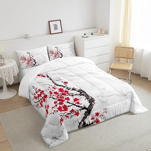 Miniatura 3 de Erosebridal Juego de ropa de cama individual con diseño de flor de cerezo 2 piezas juego de edredón de mármol blanco y gris para niñas y mujeres