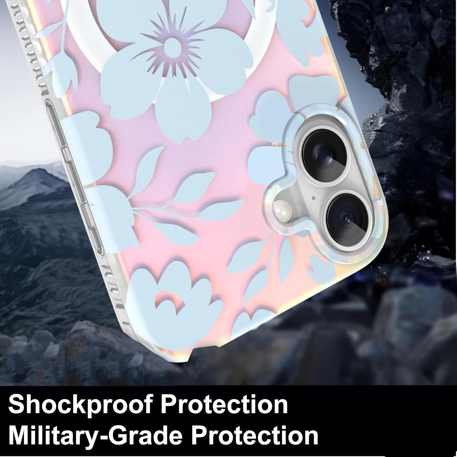 TEAUGHT Compatible with iPhone 16 Case Cute Pattern Floral Flower Laser Iridescent Bling Glitter Crystal Shockproof Cover for Girls Women