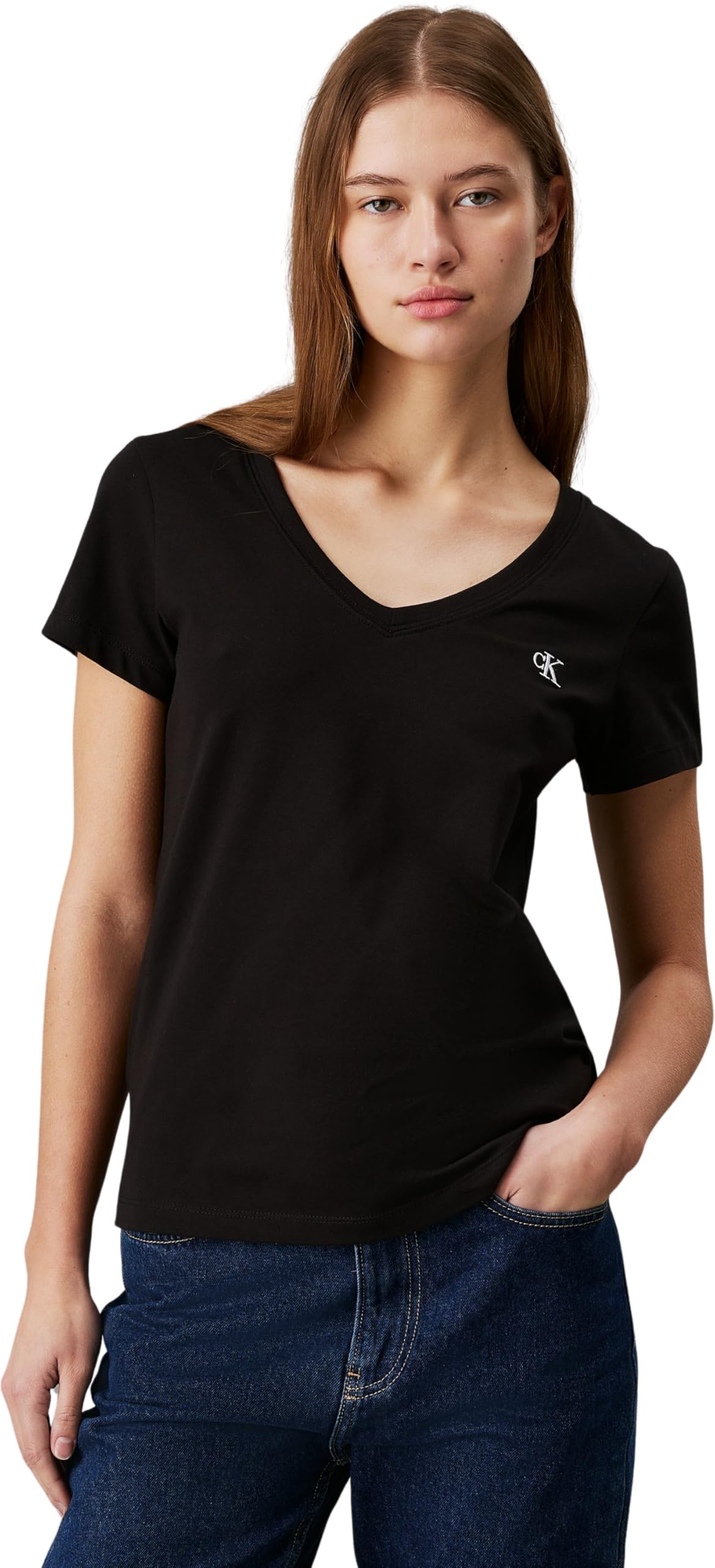 Calvin Klein Women Short-Sleeve T-Shirt Ck Embroidery V-Neck, Black (Ck Black), XXL