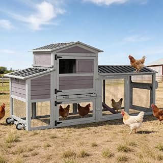 Chicken Coop with Wheels for 2-6 Chickens, Large Outdoor Mobile Hen House with Run, 2 Weatherproof Asphalt Roof, Sectionable Nesting Box & Pull-Out Tray, 83.3" L x 26" W x 42" H - Grey