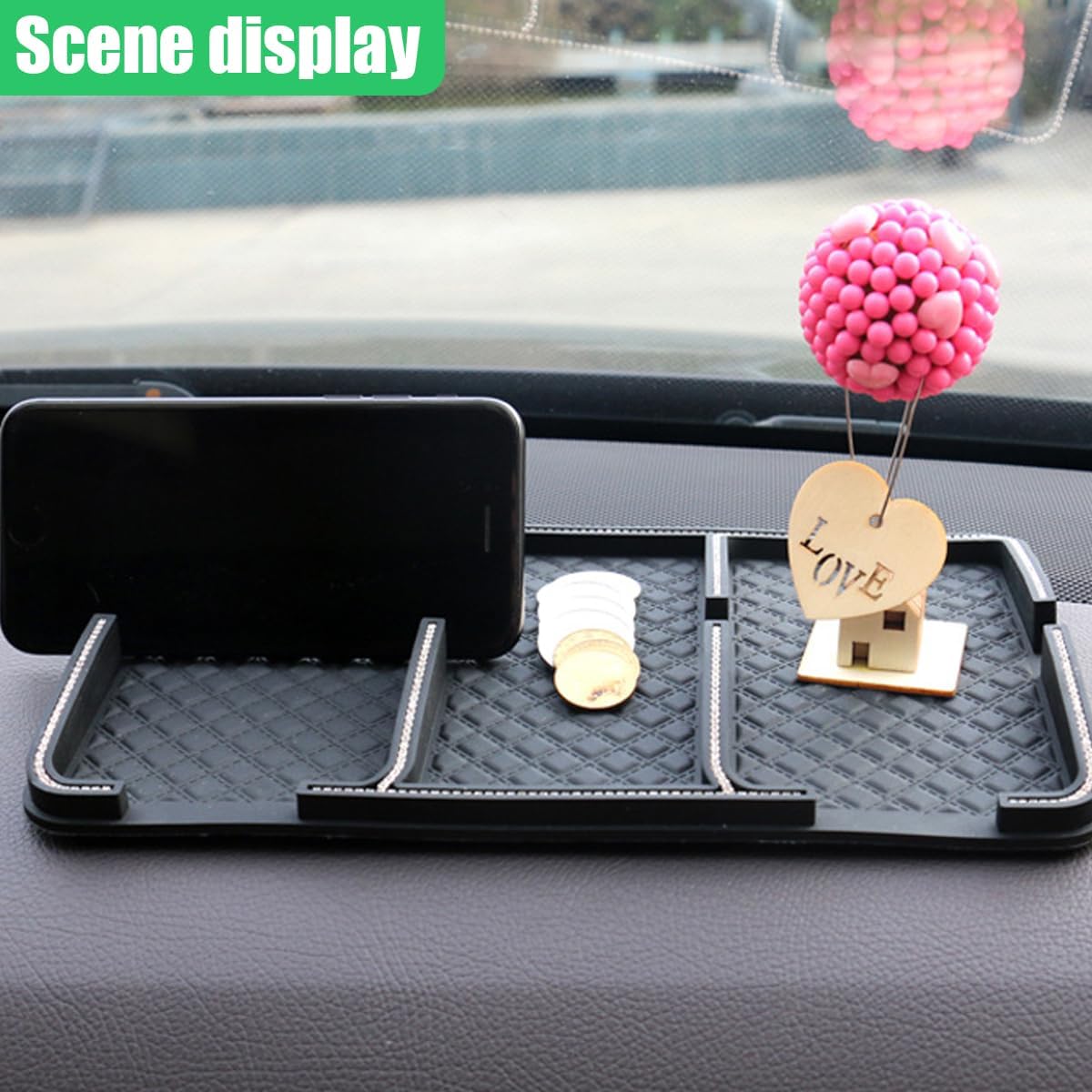 Bling Rhinestone Car Dashboard Mat, Anti-Slip Auto Dash Tray, Strong Gripping Vehicle Smartphone Holder Pad, Multifunctional Center Console Storage Accessory for Key, GPS, Sunglass (Diamond)