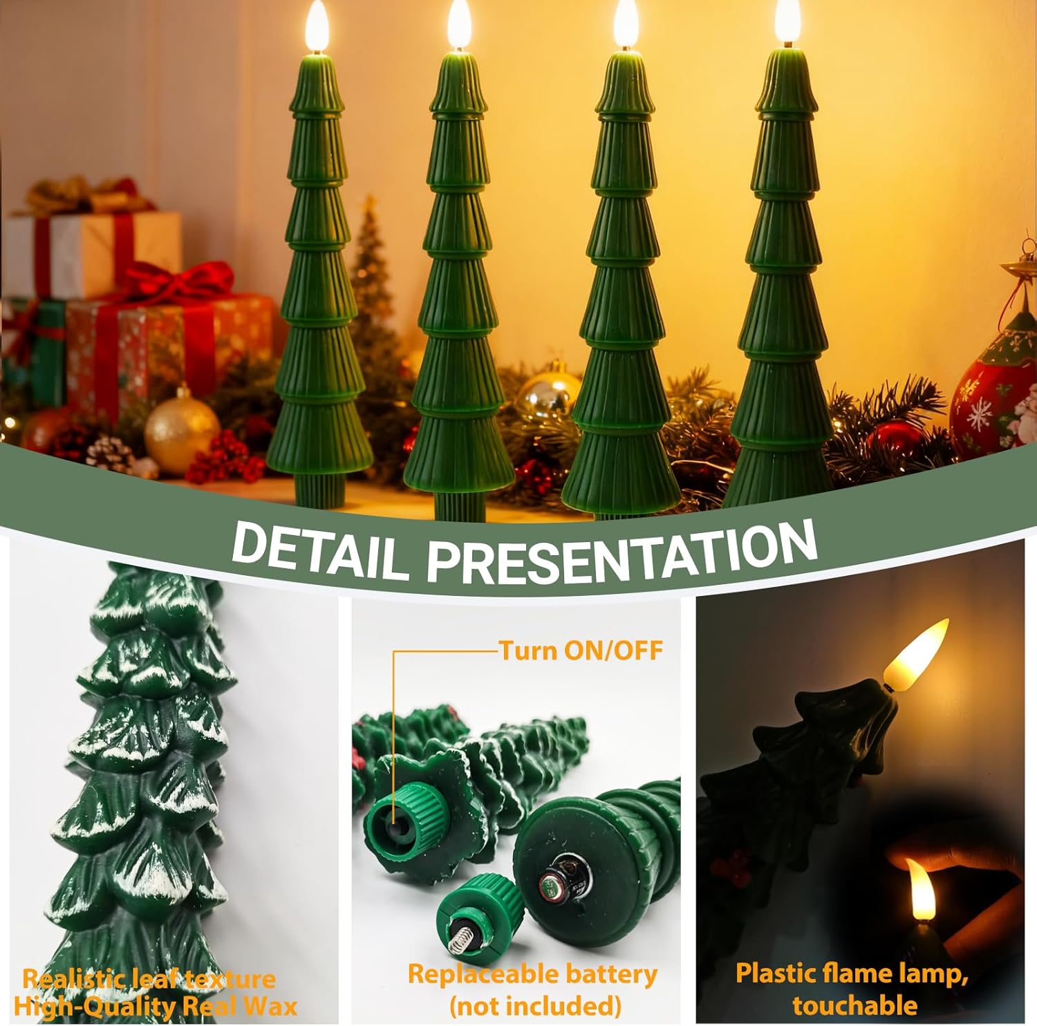 Christmas Tree Flameless Taper Candles with 10-Key Remote Timer,4 Pcs Green LED Taper Candles with 3D Flame for Holiday Decorations(Green-C)