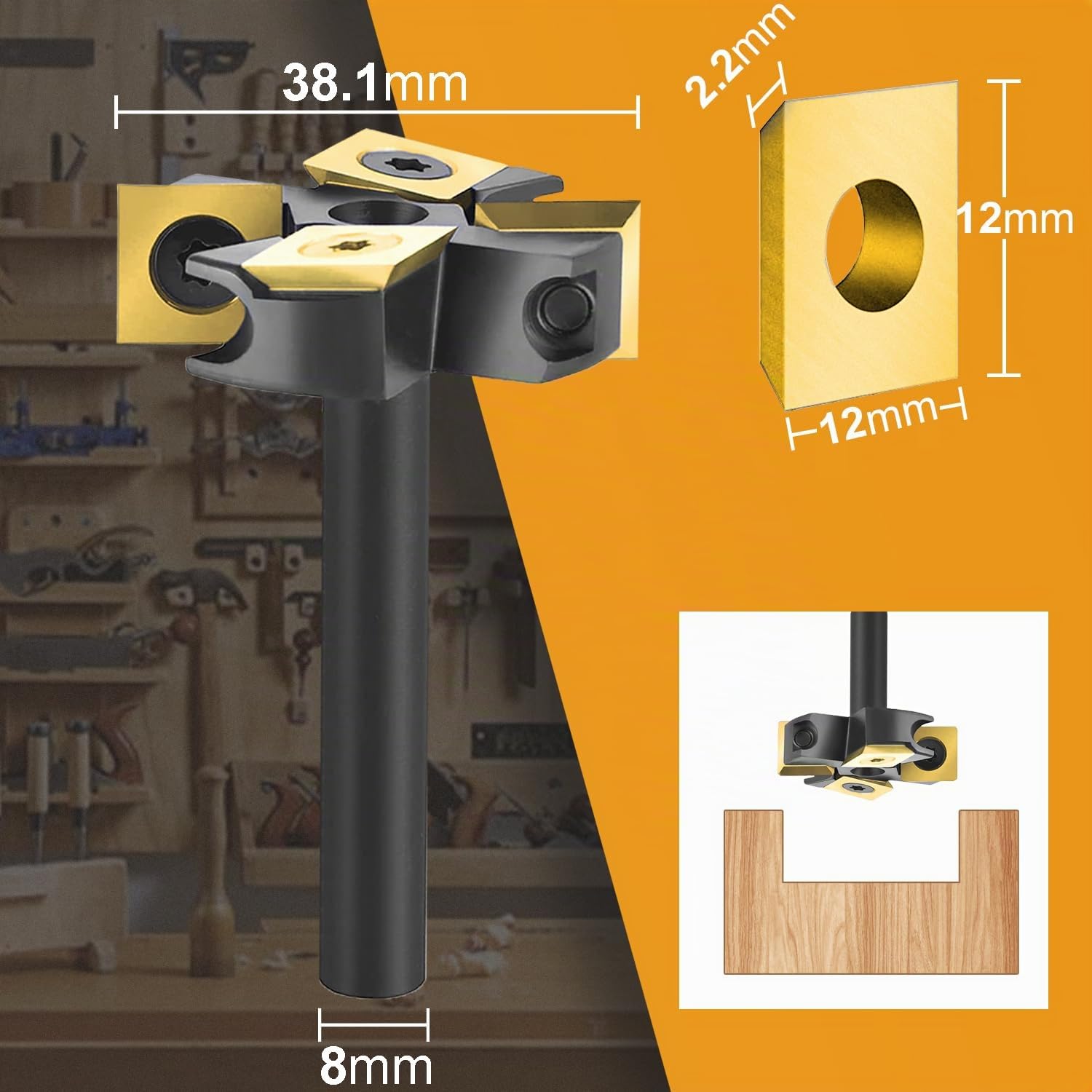 SpeTool Fraise à Surfacer 8mm Diamètre de Tige 38,1 mm Diamètre de Coupe Coupeur de Bois Fraise CNC Fraise de Defonceuse a Bois avec 2+2 Inserts avec revêtement ATS Fraise de Rabotage Défonceuse