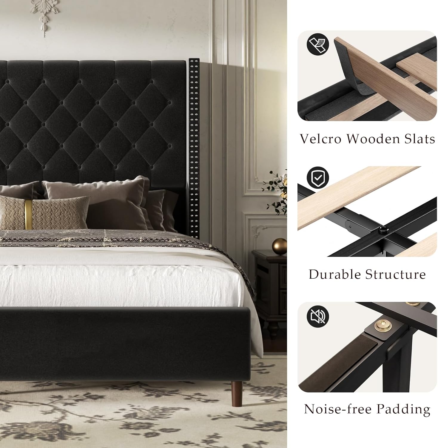 King Size Bed Frame with 62" Tall Wingback Headboard, Velvet Upholstered Platform Bed with Button Tufting & Vintage Rivets, No Box Spring Needed, Easy Assembly, Black