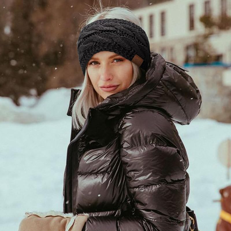 DRESHOW női meleg kötött fejpánt téli fülmelegítő vastag fleece béléssel