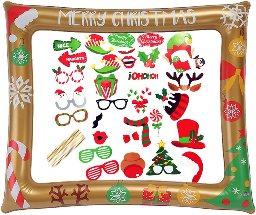 Photo Booth Party Props 32 Pcs - Inflatable Picture Frame & Props for Xmas Family Winter Holiday Games Decorations & Favor Supplies