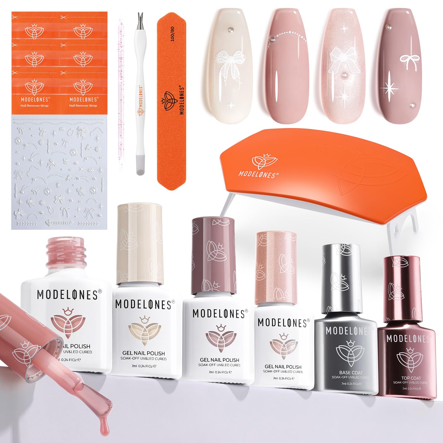 Modelones Kit Uñas Semipermanentes 4 Colores Esmaltes con Lampara UV 8W Kit Manicura Semipermanente Base Coat y Top Coat, Kit Uñas de Gel para Principiantes, Blanco Rosa Brillante Desnudo